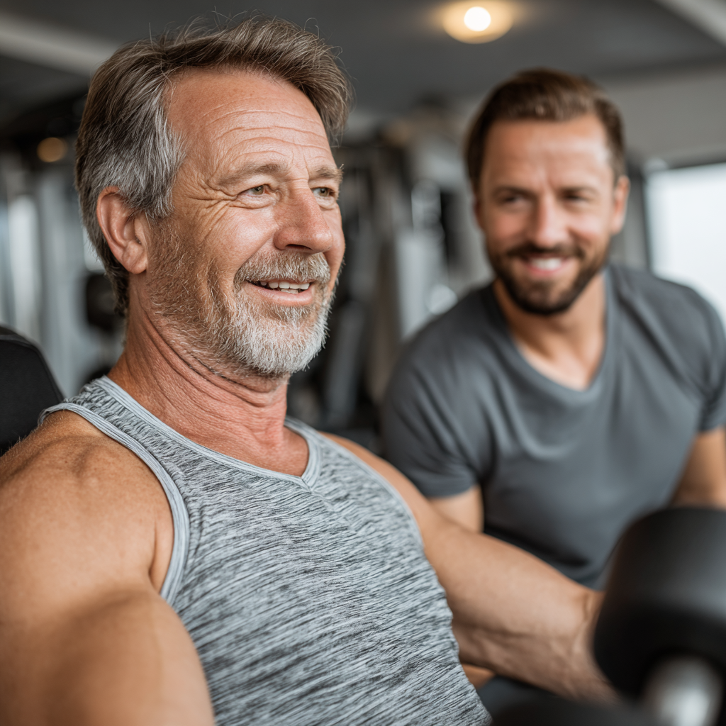 Fitness trainer working with mature man in his fifties, personal training session in gym, both smiling and focused on proper form
