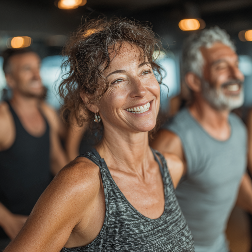 Group of diverse adults aged 40-55 doing fitness class together, smiling and supporting each other, energetic atmosphere in modern gym