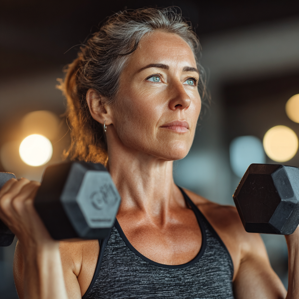 Middle-aged woman in her forties doing strength training with dumbbells in modern gym, focused expression, athletic wear
